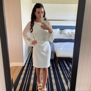 Jessica Howard White Long-Sleeve Pleated-Sleeve Dress 💍 rehearsal dinner bride